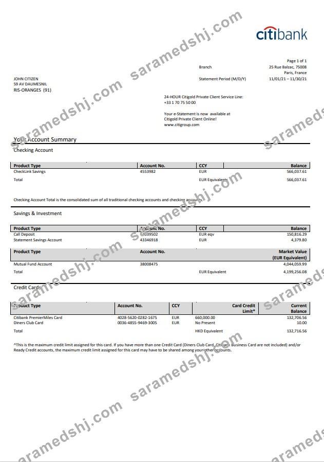 France Citibank bank statement